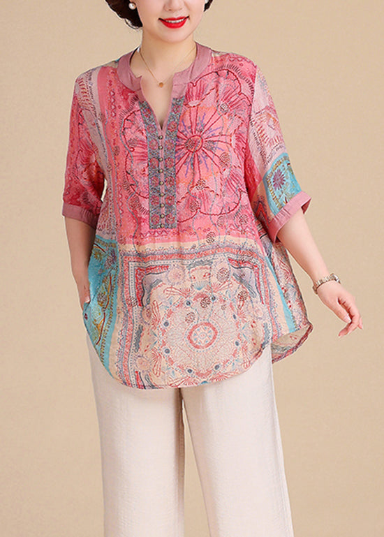 Summer Blouse V Size Cotton Plus Tops Neck Print FashionChic