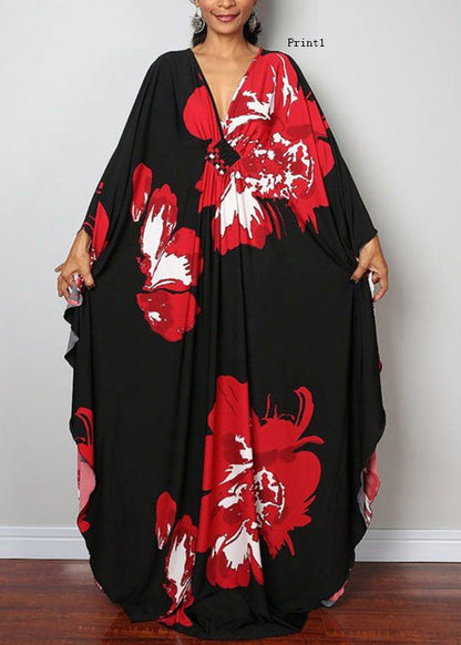 Plus Size V Neck Print Cotton Long Robe Dress Summer TH040