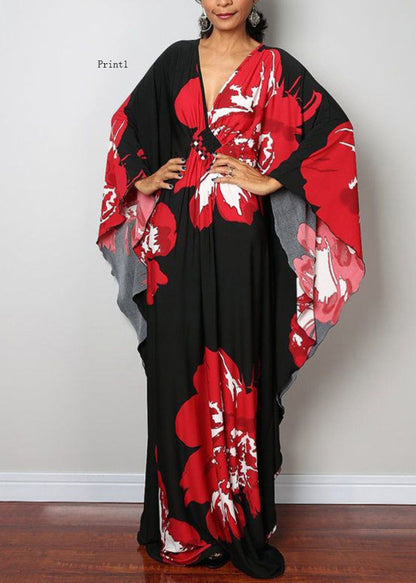 Plus Size V Neck Print Cotton Long Robe Dress Summer TH040