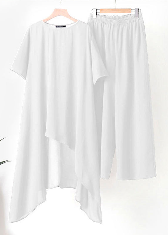 Plus Size White Asymmetrical Top And Wide Leg Pants Two Pieces Set Short Sleeve TR020 MZF-TPIEC240727