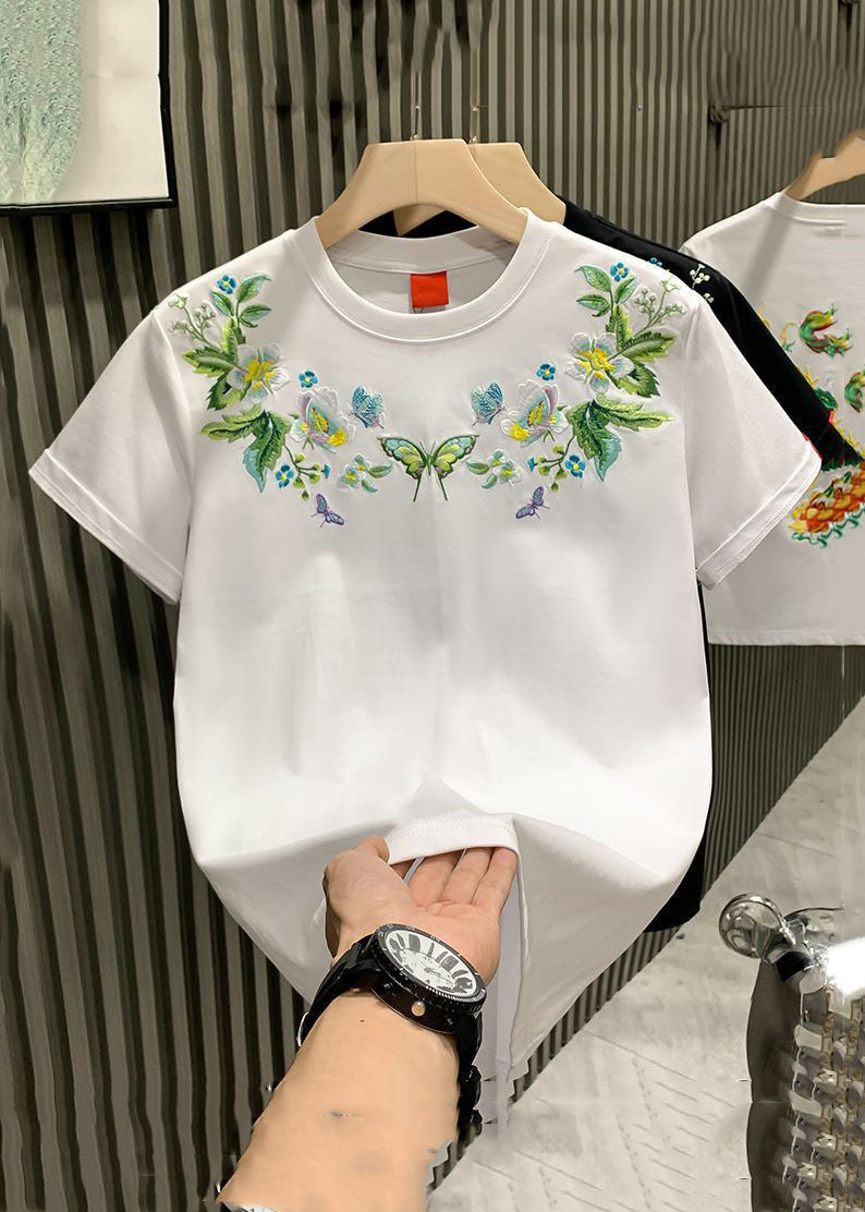 Plus Size White Embroideried Solid Cotton Mens Neutral Tshirt Summer LK043 Men-Silk-MENT240630