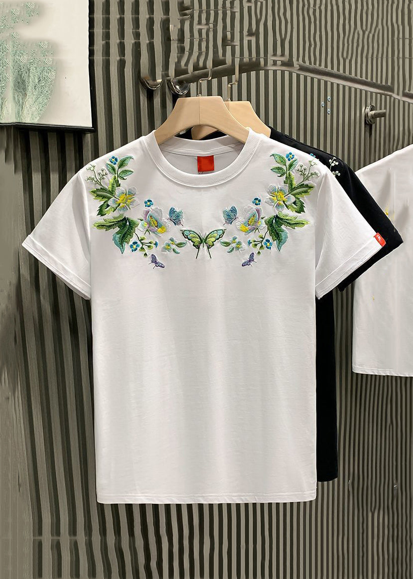 Plus Size White Embroideried Solid Cotton Mens Neutral Tshirt Summer LK043 Men-Silk-MENT240630