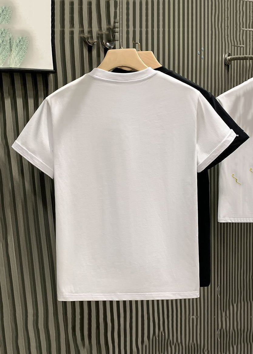 Plus Size White Embroideried Solid Cotton Mens Neutral Tshirt Summer LK043 Men-Silk-MENT240630