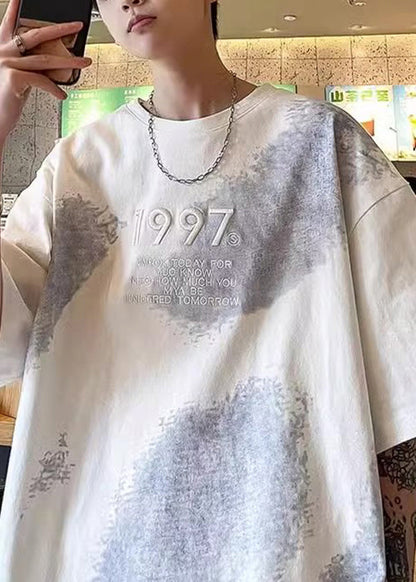 Tie Dye Men White Half Cotton Shirts Plus Embroideried Size T FashionChic