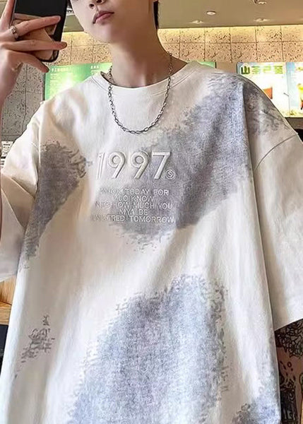 Tie Dye Men White Half Cotton Shirts Plus Embroideried Size T FashionChic