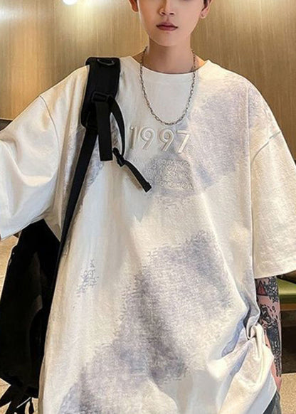 Tie Dye Men White Half Cotton Shirts Plus Embroideried Size T FashionChic