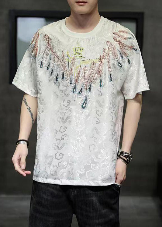 Plus Size White O-Neck Embroideried Ice Silk Men T Shirt Summer HG005 Men-Silk-MENT240725