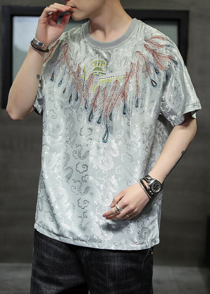 Plus Size White O-Neck Embroideried Ice Silk Men T Shirt Summer HG005 Men-Silk-MENT240725