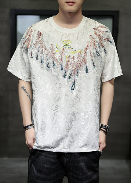 Plus Size White O-Neck Embroideried Ice Silk Men T Shirt Summer HG005 Men-Silk-MENT240725
