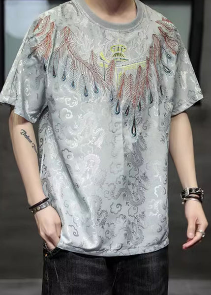 Plus Size White O-Neck Embroideried Ice Silk Men T Shirt Summer HG005 Men-Silk-MENT240725