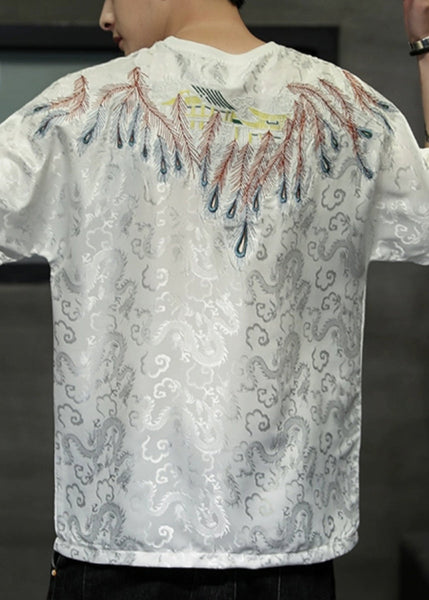 Plus Size White O-Neck Embroideried Ice Silk Men T Shirt Summer HG005 Men-Silk-MENT240725