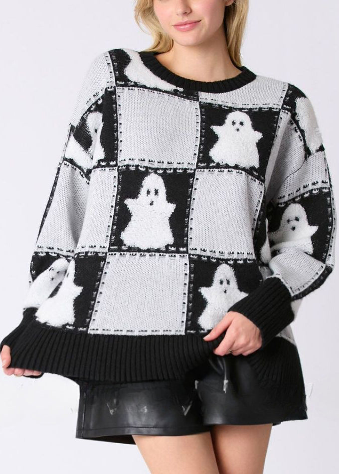 Plus Size White O Neck Plaid Knit Sweater Long Sleeve AE1028 OM-HW240901