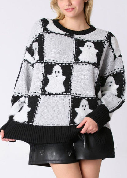 Plus Size White O Neck Plaid Knit Sweater Long Sleeve AE1028 OM-HW240901