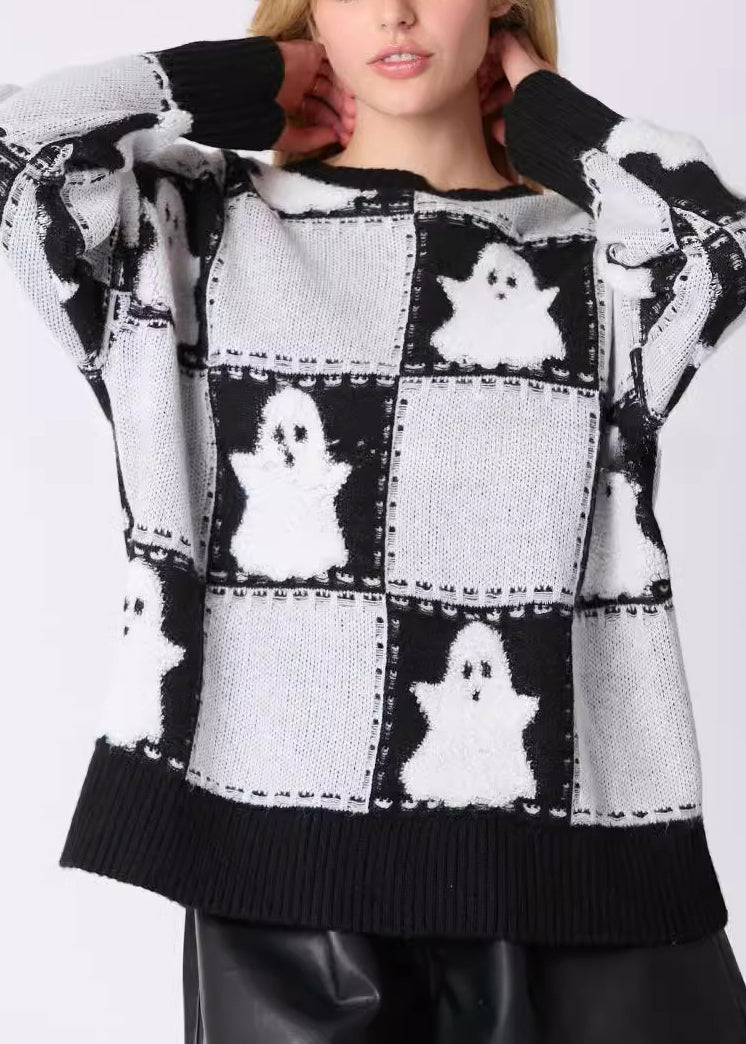 Plus Size White O Neck Plaid Knit Sweater Long Sleeve AE1028 OM-HW240901