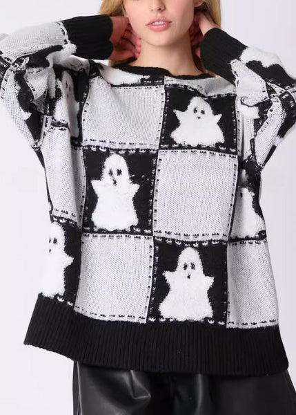 Plus Size White O Neck Plaid Knit Sweater Long Sleeve AE1028 OM-HW240901