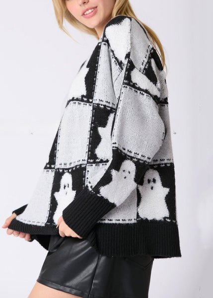 Plus Size White O Neck Plaid Knit Sweater Long Sleeve AE1028 OM-HW240901