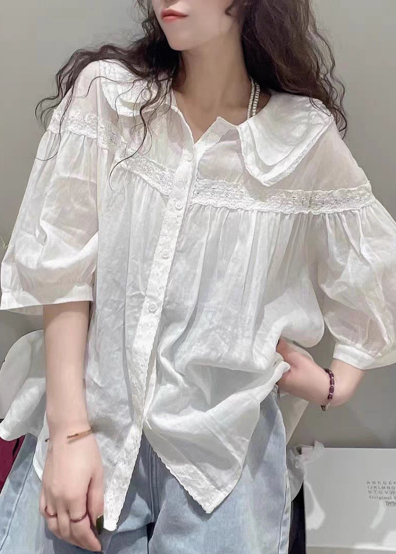 Collar Half Blouses White Pan Peter Cotton Sleeve Plus Size Lace FashionChic
