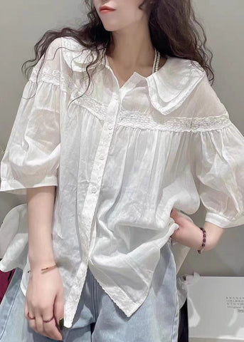 Collar Half Blouses White Pan Peter Cotton Sleeve Plus Size Lace FashionChic