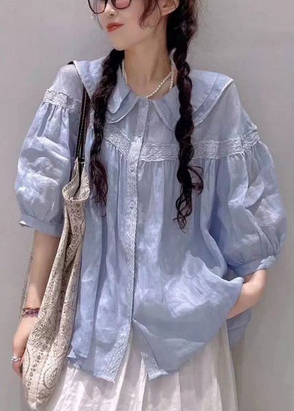 Collar Half Blouses White Pan Peter Cotton Sleeve Plus Size Lace FashionChic