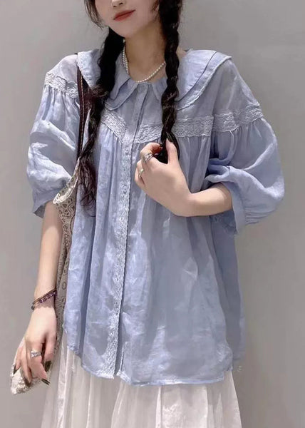 Collar Half Blouses White Pan Peter Cotton Sleeve Plus Size Lace FashionChic