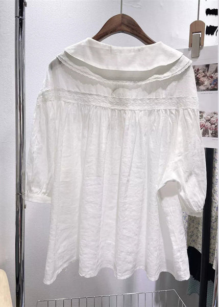 Collar Half Blouses White Pan Peter Cotton Sleeve Plus Size Lace FashionChic