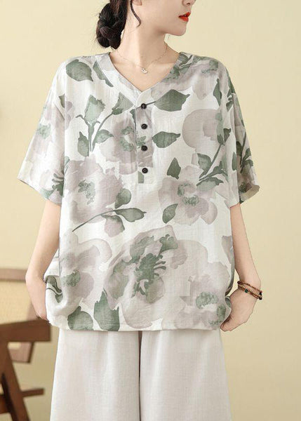 Summer Print T Size Button White Shirt Plus FashionChic