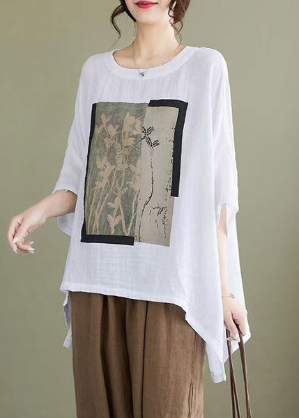 White Design Plus Blouses Bracelet Low Print High Size Cotton FashionChic