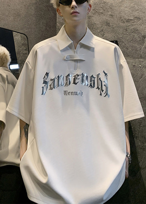 Sequins Men Size Plus Shirt Letter Cotton White Polo And FashionChic