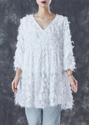 Plus Size White Tasseled Cotton Mini Dress Bracelet Sleeve Ada Fashion