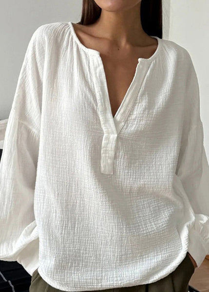 T Plus Neck Size V White Cotton Fall Patchwork Shirts FashionChic