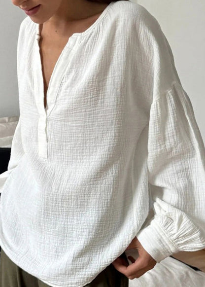 T Plus Neck Size V White Cotton Fall Patchwork Shirts FashionChic
