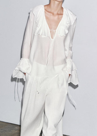 Neck Ruffled Top V Size Chiffon Patchwork White Plus Fall FashionChic