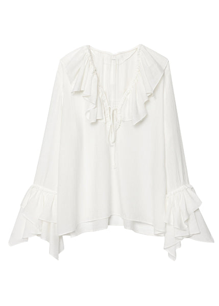 Neck Ruffled Top V Size Chiffon Patchwork White Plus Fall FashionChic