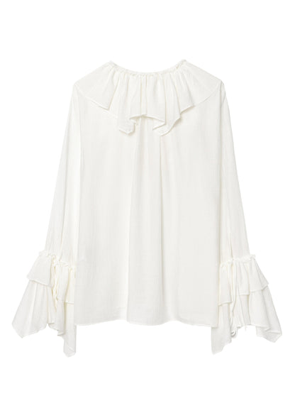 Neck Ruffled Top V Size Chiffon Patchwork White Plus Fall FashionChic