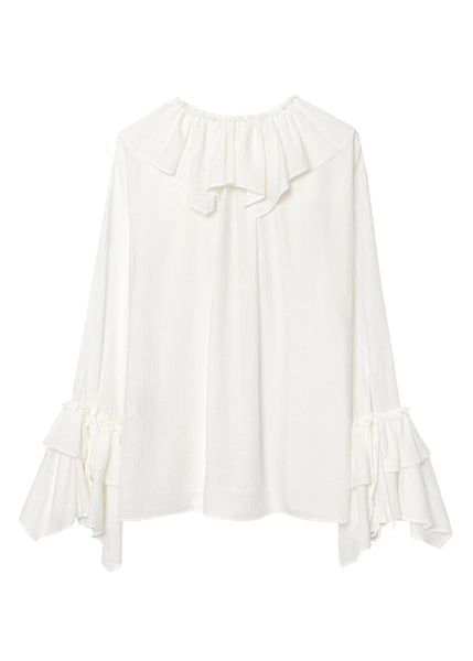 Neck Ruffled Top V Size Chiffon Patchwork White Plus Fall FashionChic