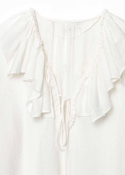 Neck Ruffled Top V Size Chiffon Patchwork White Plus Fall FashionChic