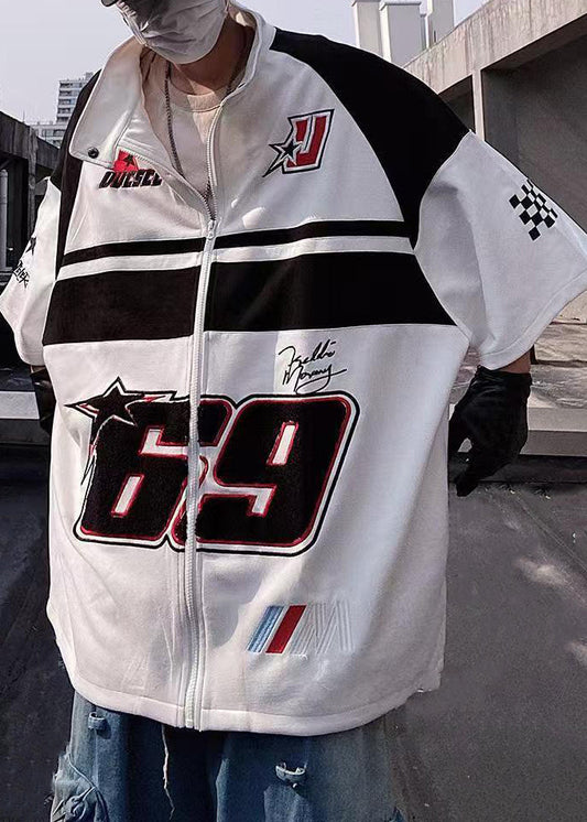 Print White Mens Zip Shirts Half Plus Cotton Up Sleeve Size T FashionChic