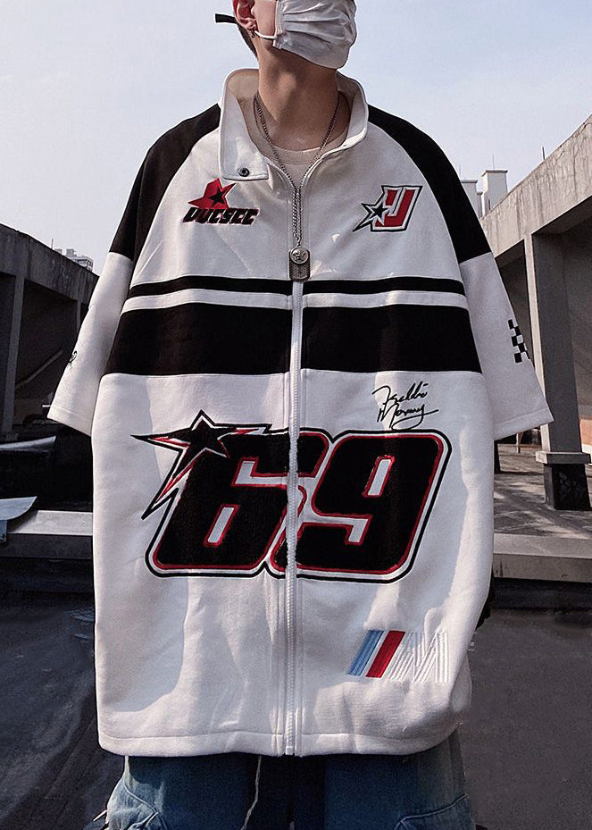 Print White Mens Zip Shirts Half Plus Cotton Up Sleeve Size T FashionChic