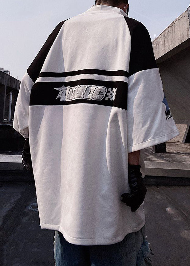 Print White Mens Zip Shirts Half Plus Cotton Up Sleeve Size T FashionChic