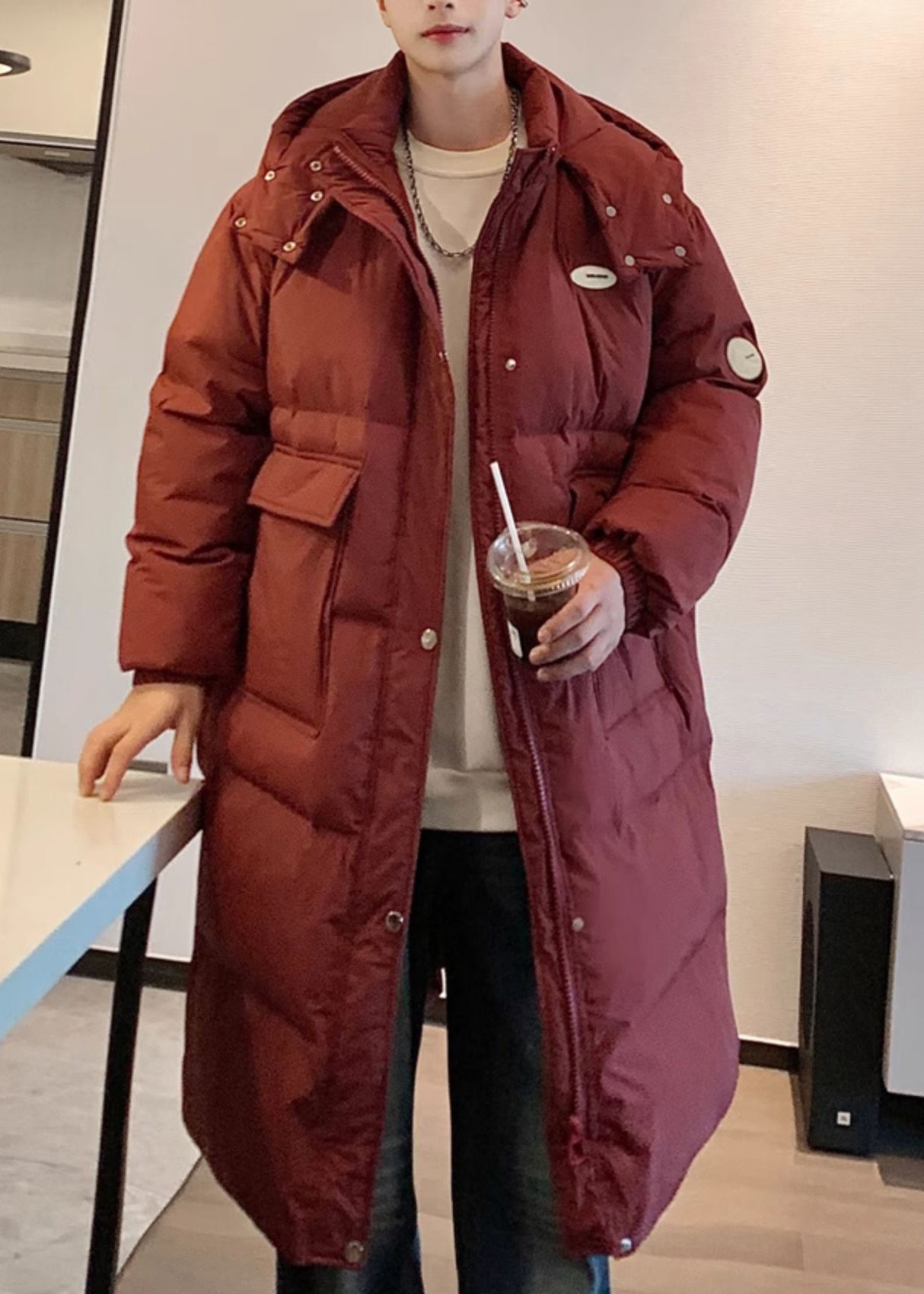 Plus Size Wine Red Hooded Pockets Men Long Parkas Winter RM007 ABC
