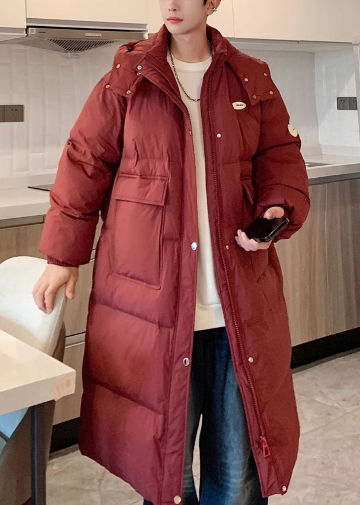 Plus Size Wine Red Hooded Pockets Men Long Parkas Winter RM007 ABC