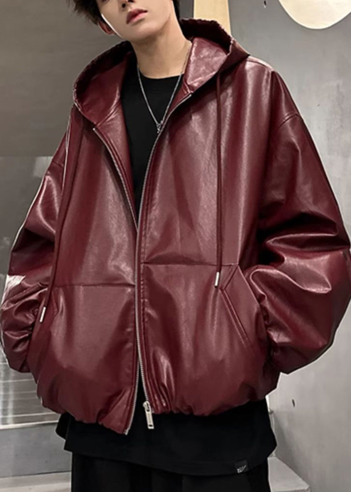 Plus Size Wine Red Hooded Zippered Faux Leather Men Coat Spring RN020 ABC