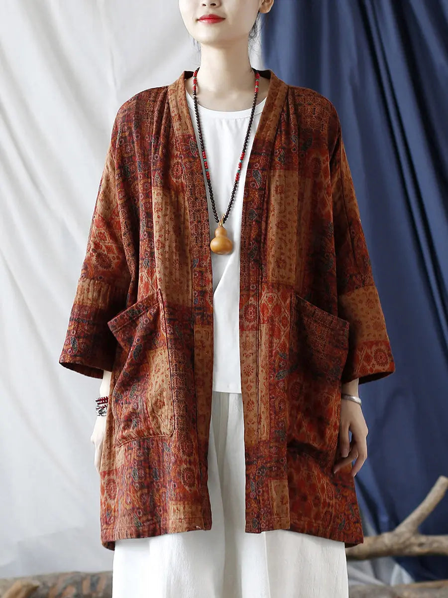 Plus Size Women Autumn Ethnic Pocket Loose Print Loose Coat Ada Fashion