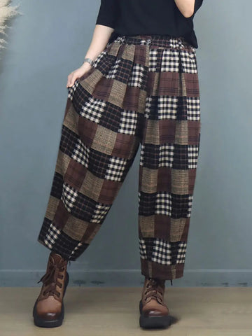 Plus Size Women Autumn Vintage Plaid Harem Pants Ada Fashion