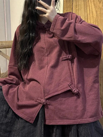 Plus Size Women Autumn Vintage Pure Color Slanted Shirt Ada Fashion