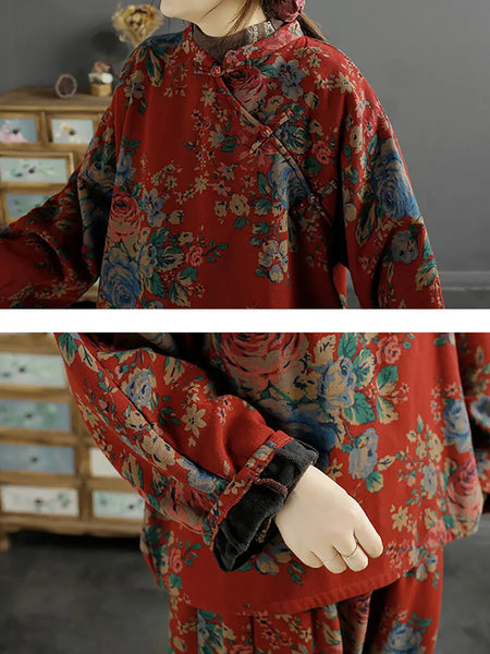 Plus Size Women Ethnic Flower Loose Slanted Shirt Ada Fashion