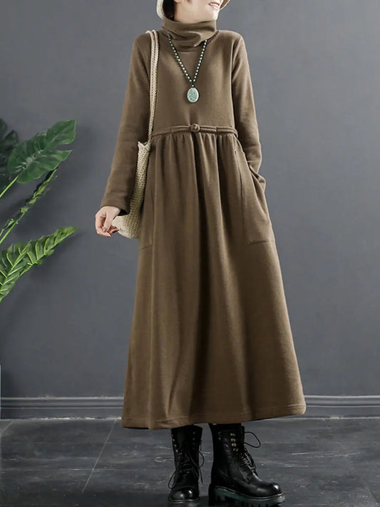 Plus Size Women Pure Color Turtleneck Draped Long Dress Ada Fashion