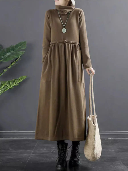 Plus Size Women Pure Color Turtleneck Draped Long Dress Ada Fashion