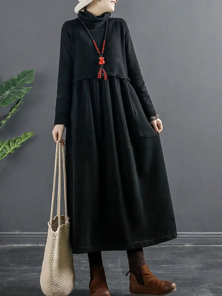 Plus Size Women Pure Color Turtleneck Draped Long Dress Ada Fashion