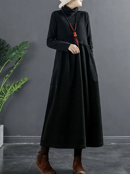 Plus Size Women Pure Color Turtleneck Draped Long Dress Ada Fashion